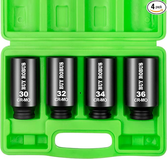 1/2 Drive Deep Axle Nut Impact Socket Set,12 Point Socket Set Metric, CR-MO, 30mm, 32mm, 34mm, 36mm, 4-Piece 1/2" Heavy Duty Socket Set (12 point can also be used at 6 point)