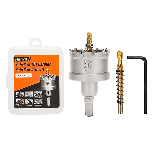 Hole Saw 1-7/8" (48mm) Heavy Duty Carbide with 2 Pilot Drill Bits - Metal Hole Cutter Cuts Stainless Steel, Iron, Copper, Brass, Plastic