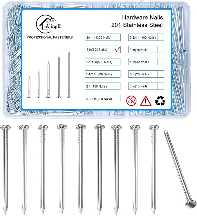 800pcs Galvanized Steel Hardware Nails with Storage Box, 1 Inch Flat Head Nails for Hanging Pictures and Woodworking, Picture Hanging Nails, Small Nails, Wall Nails, Wood Nails, Finishing Nails