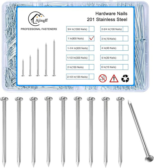 800pcs Galvanized Steel Hardware Nails with Storage Box, 1 Inch Flat Head Nails for Hanging Pictures and Woodworking, Picture Hanging Nails, Small Nails, Wall Nails, Wood Nails, Finishing Nails