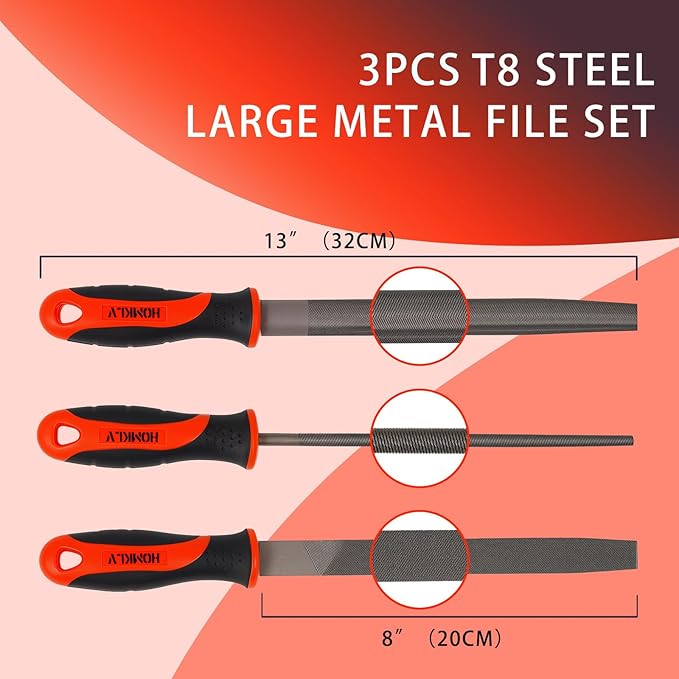 3-Piece 8-Inch Professional File Set, High Carbon Steel Metal Files with Flat/Half-Round/Round Shapes, Ideal for Metal, Wood, Plastic & DIY Projects