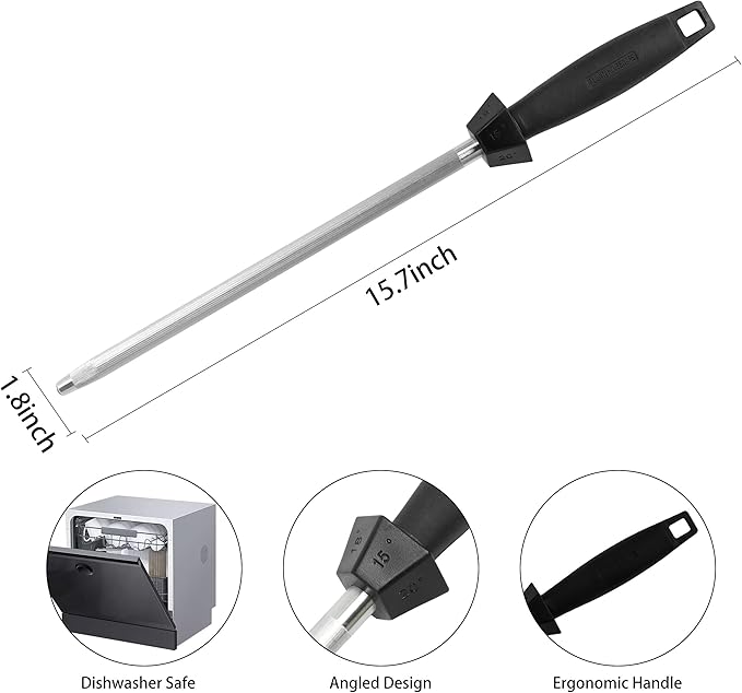 Knife Sharpener Knife Sharpening Rod Honing Steel with 15째-18째-20째Angle Guides Professional Carbon Steel with Black Rubber Grip for Kitchen Chef House Gift 10''