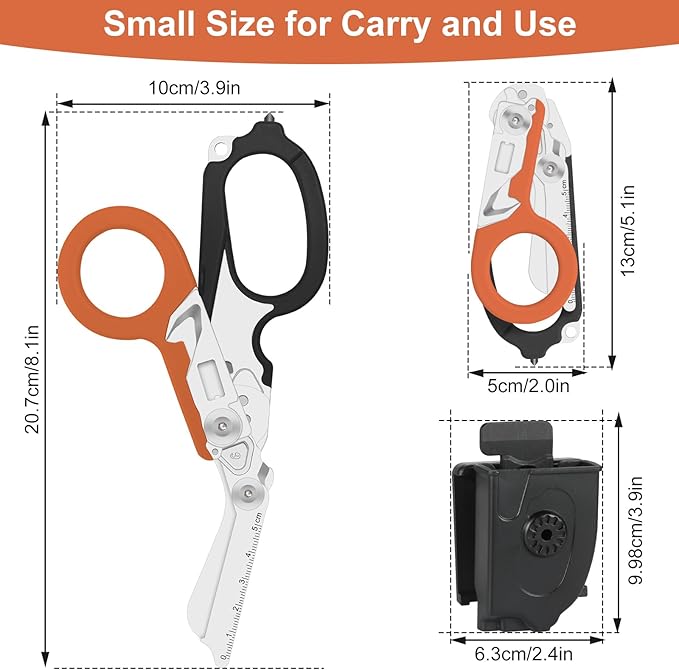 6-in-1 Heavy Duty Emergency/Trauma Shears, with Carbide Glass Breaker, Ring Cutter, Foldable, Stainless Steel Multi-Purpose Scissors for Hospital, Home, Camping, and Travel Rescue Tools (Black+Orange)