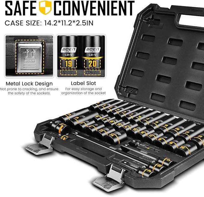 boen 1/2" Drive Impact Socket Set, 36PCS Metric (10-24mm) Deep & Shallow Sockets, 6 Point Design, with Extension Bars, Adapters, Universal Joint, Yellow Embossed Marking