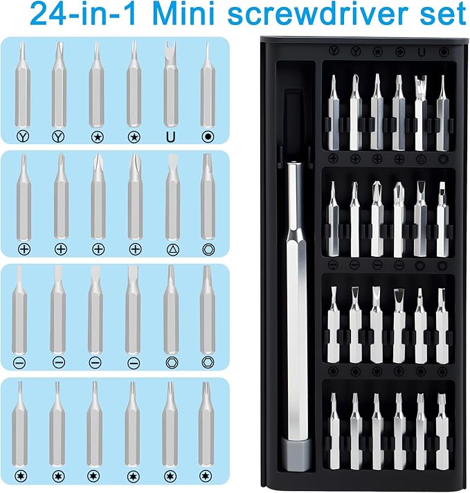 24-In-1 Magnetic Screwdriver Set, Mini Repair Toolkit with Micro Bits, for Watch Glasses Electronics Phone Computer Laptop Game Console Maintenance, Home Use with Repair Tweezers