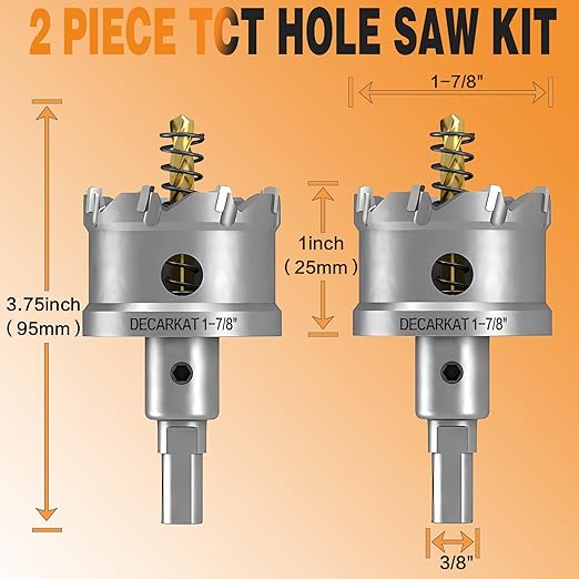 2-Pack 1-7/8" TCT Hole Saws for Hard Metal, Heavy Duty 48mm Tungsten Carbide Tipped Hole Cutters Set with Spring-Loaded Pilot Drill Bits for Stainless Steel, Metal, Iron, and Plastic.