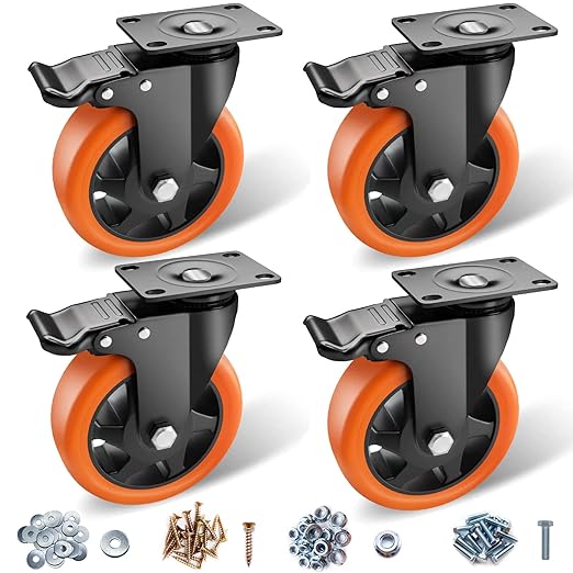 5" Caster Wheels - Orange Polyurethane Swivel Wheels With Top Plate - Set of 4 Heavy Duty Locking Casters for Furniture and Workbench - With Brake