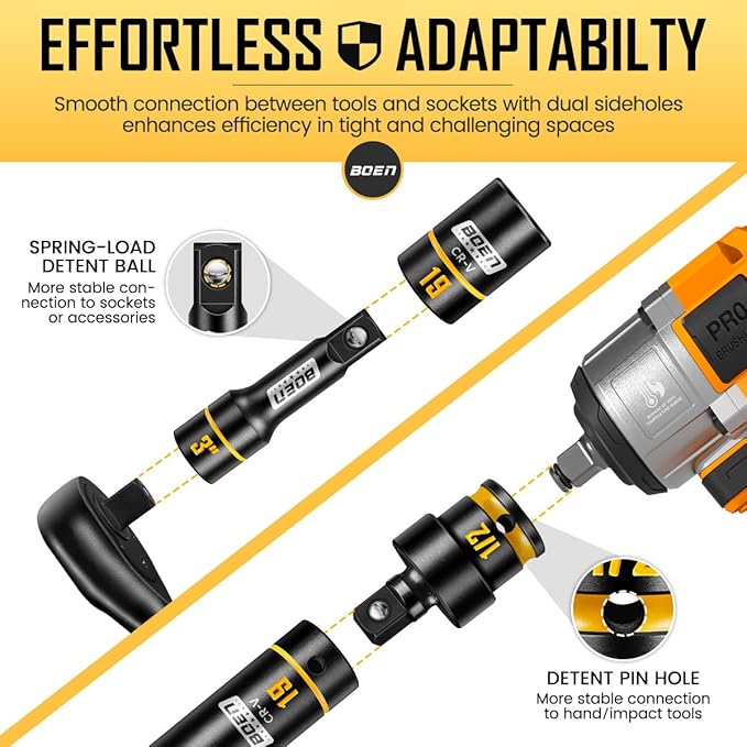 boen 1/2" Drive Impact Socket Set, 36PCS Metric (10-24mm) Deep & Shallow Sockets, 6 Point Design, with Extension Bars, Adapters, Universal Joint, Yellow Embossed Marking