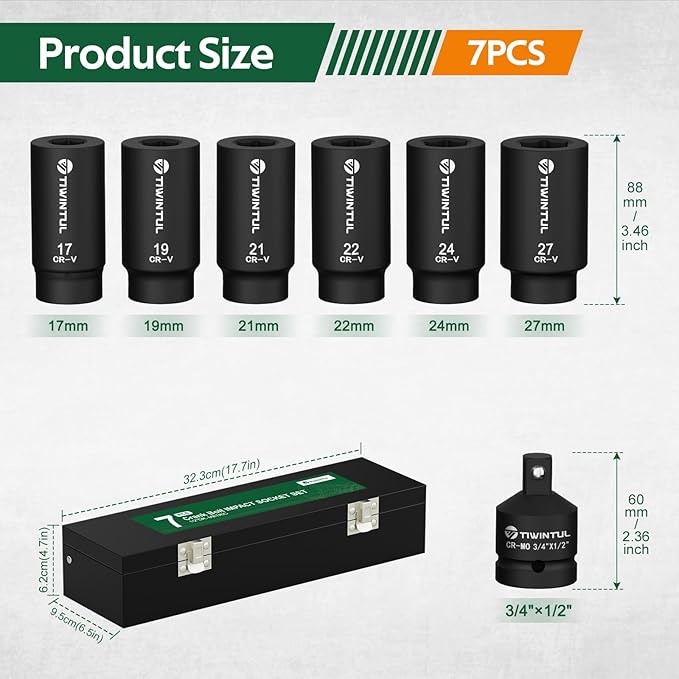 1/2" Drive Crank Bolt Socket Set, 7Pcs, 17/19/21/22/24/27mm, 3/4"-1/2" Adapter, Harmonic Balancer Socket Set, 6-Point Deep Impack Socket, 3 Times Momentum Power of Crank Bolt Removal Tool