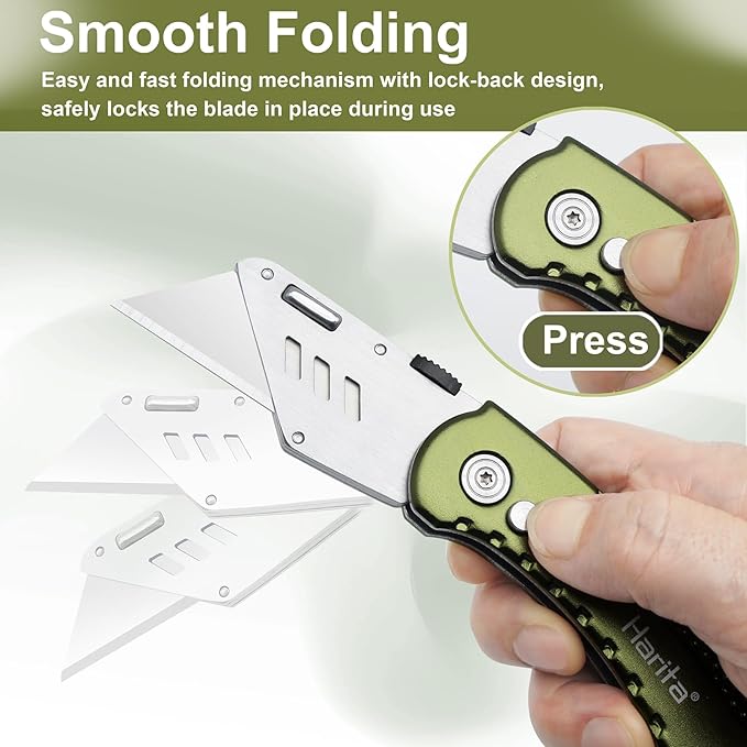 Box Cutter Heavy Duty Utility Knife, Razor Knife, Lightweight Aluminum Handle, Back-lock Mechanism, Stainless Belt Clip, for Carpet, Carton, Box, Cardboard, with 5-piece Extra Blades, Olive Green