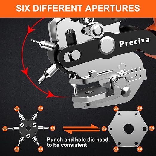 Preciva Hole Punch Plier, Revolving Punch Hole Tool with V-Shaped Cutting Edge Design, 6 Hole Sizes & 20cm Stainless Steel Ruler for Leatherr, Belts, Thin Iron Sheets, Paper Cards, Plastics & Fabrics