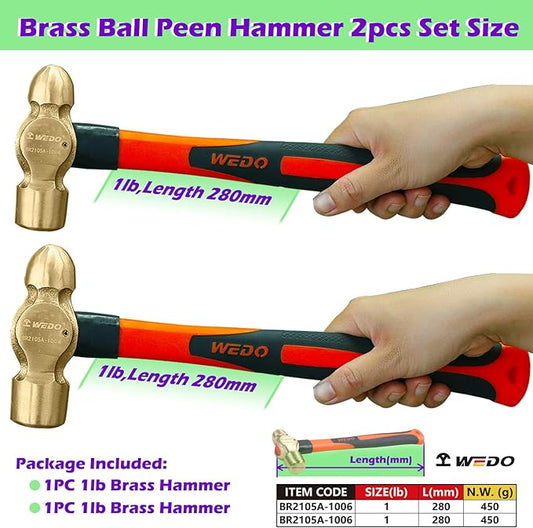 WEDO 2PCS Brass Ball Peen Hammer Set, 16 oz+16 oz(1lb+1lb), Brass Ball Pein Hammer Set with Fiberglass Handle, Die-Forged, Corrosion Resistant, DIN Standard