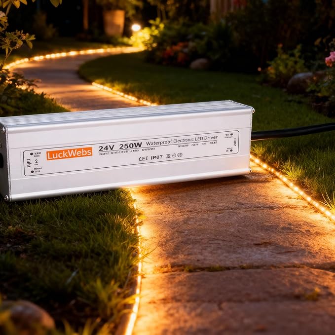 LED Driver 24V250W Waterproof Power Supply AC 90-130V to DC 24V10.4A Low-Voltage IP67 Transformer Suitable for Indoor Outdoor LED Strip Lights and Any 24V DC High-End Equipment