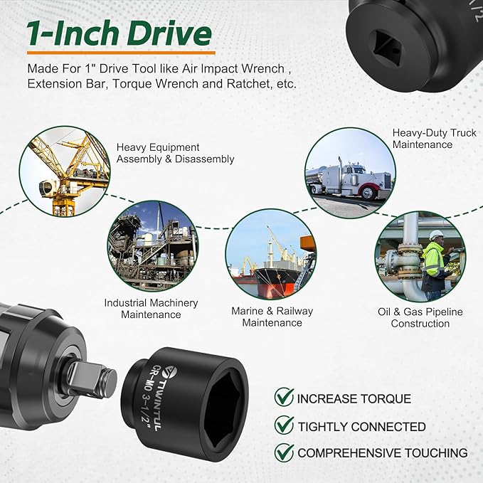 3-1/2" Impact Socket 1" Drive, 6 Point Design, CR-MO Jumbo Impact Socket, ANSI Certified, Heavy Duty Socket 1 Inch Drive for Mining, Offshore, Heavy Truck & Industrial Use