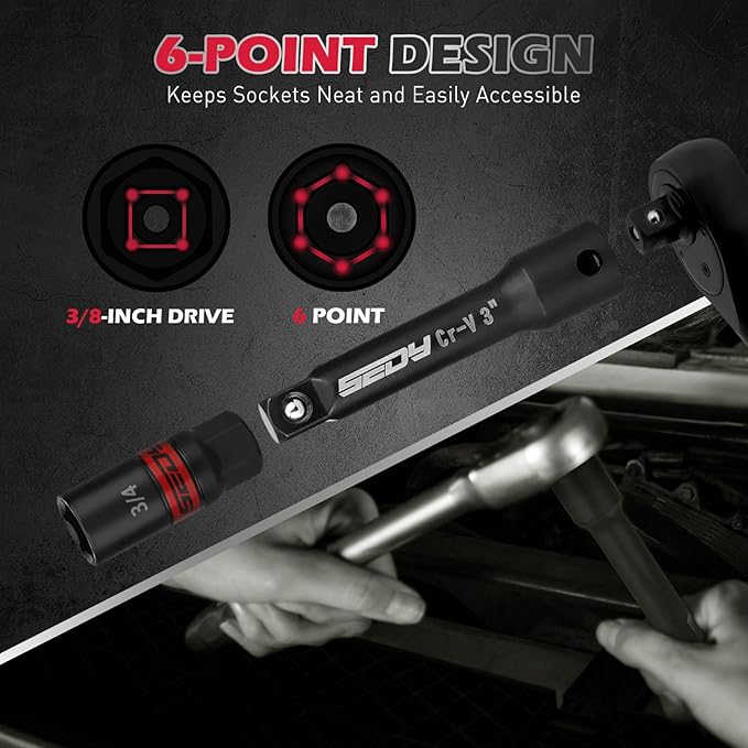 8-Piece 3/8''-Drive Spark Plug Socket Set, Impact Spark Plug Socket Set with Magnetic Rail, SAE & Metric, 5/8-inch, 3/4-inch, 13/16-inch, 14mm, 18mm, Extension Bars, Universal Joint
