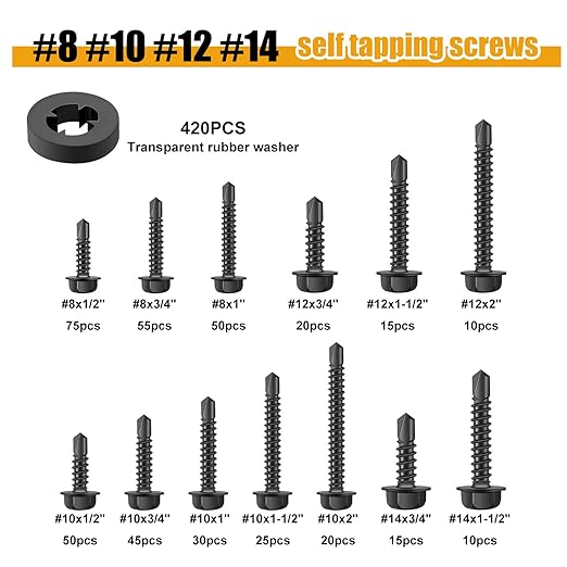 weideer 840pcs #8#10#12#14 Self Tapping Screws for Metal,410 Stainless Steel Screws Assortment Kit, Black Hex Washer Head Quick Tapping Screw with Rubber Washer (420 Sets) K-189-BK
