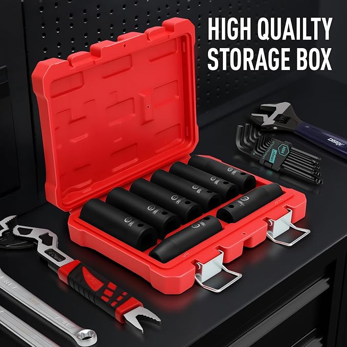 DISEN 8 Pcs 1/2" SAE Impact Socket Set, Deep Sockets 3/8"- 13/16", 6-Point Cr-V & Alloy Steel, 1/2 Inches Drive Impact Socket Set,Rugged Construction, Enhanced Storage Case