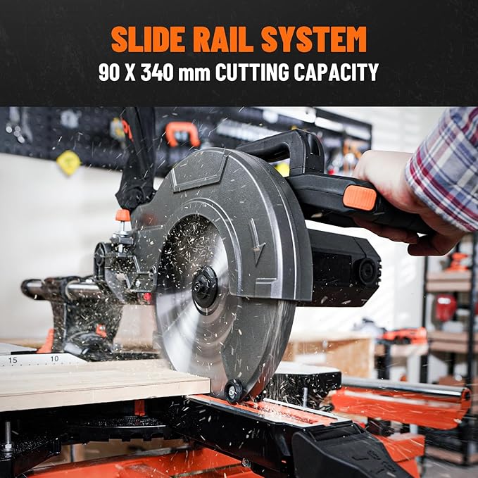 DOVAMAN Updated 10-Inch Sliding Miter Saw, Multi-Material Cutting w/ 3 x TCT Blades, Ambidextrous Operation, 5000/3200RPM Speed, Laser Guide, 0-45° Bevel Cut, Max Cut 3.5x13.4in, 9 Positive Stops