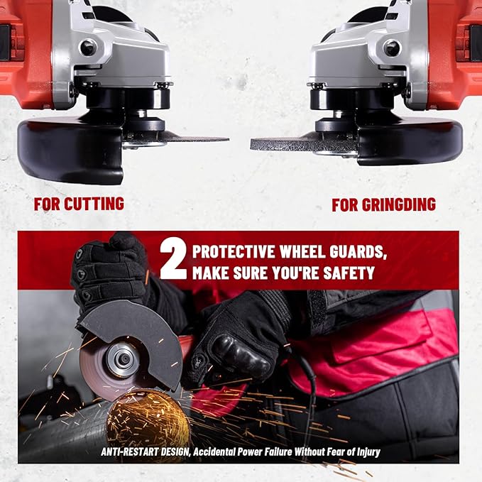 Angle Grinder, 4-1/2-Inch, 6.7Amp Cut off Tool Grinder, 11,800 RPM with 2 Safety Guards, 6-Piece Discs (2 Cutting/2 Grinding/2 Flap Discs), Professional Angle Grinder for Metal, Wood (KSM09-115S）