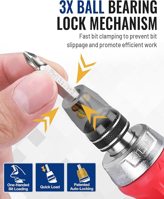 WORKPRO 12-in-1 Stubby Ratcheting Multi-bit Screwdriver, Short Screw Drivers with Magnetic, Quick-load Mechanism, Premium S2 Steel, Small Screwdriver with Double End Bits in Handle