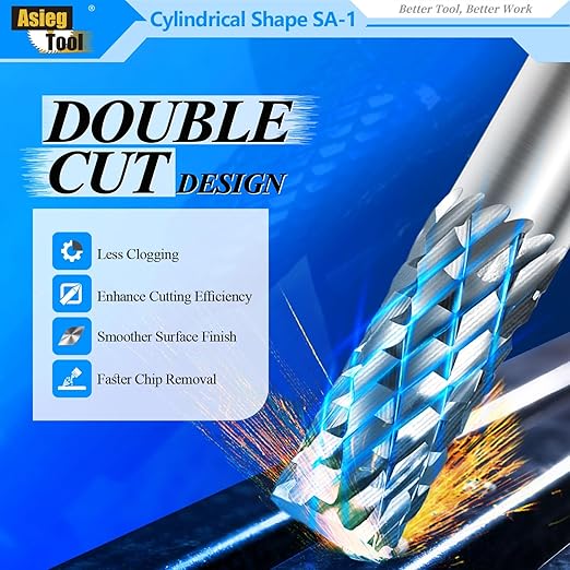 SA-1 Solid Tungsten Carbide Burr Rotary File Cylindrical Shape Double Cut for Die Grinder Drill Bits 1/4'' Inch Diameter of Shank and Cutter 5/8'' Inch Cutter Length