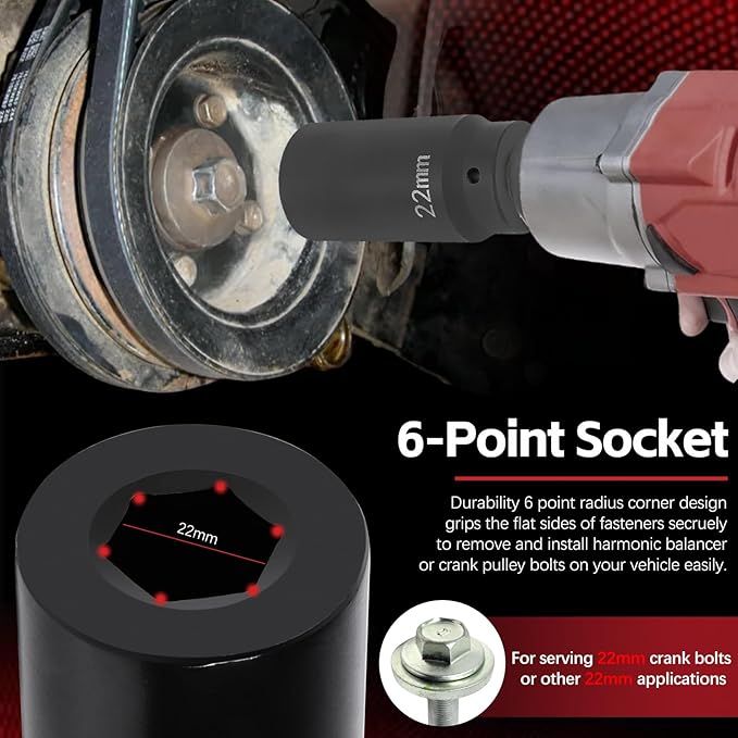 Sunluway 22mm Harmonic Balancer Socket Tool for Toyota Lexus Dodge Jeep and Ford, Deep Counter-weighted Socket, 3 Times Momentum Power of Standard Impact Socket
