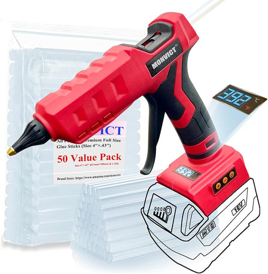 MONVICT Cordless Glue Gun for Milwaukee 18V Battery with 50 Glue Sticks, 100W Upgraded Digital Temperature Adjustable Handheld Electric Power Full Size Heavy Duty Hot Glue Gun (Tools only)