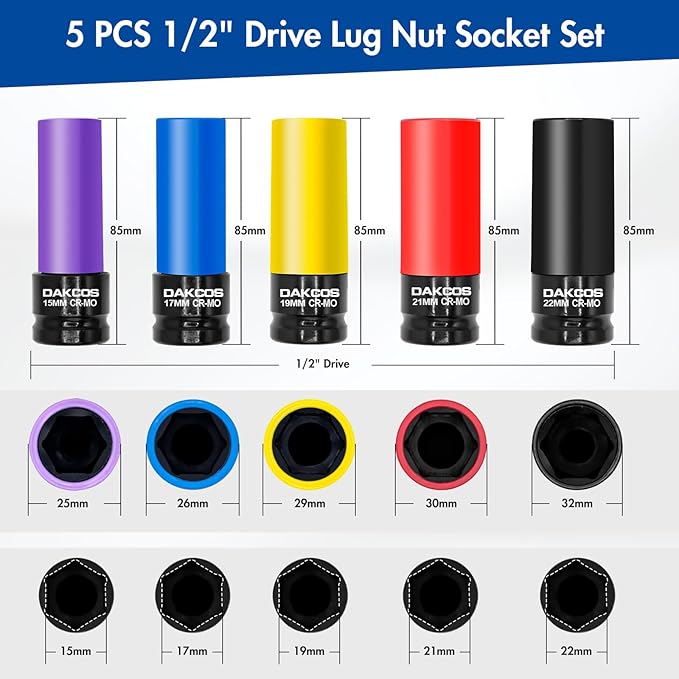 5 Pieces 1/2" Drive Impact Lug Nut Socket Set, 15 17 19 21 22MM Non-Marring Wheel Lug Nuts Socket, Thin Wall Wheel Protector,CR-MO