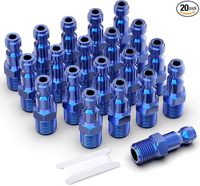GASHER 20PCS Aluminum 1/4-Inch NPT Male Blue Industrial Air Plug, Pneumatic Plugs (T-Style)