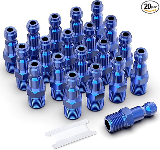 GASHER 20PCS Aluminum 1/4-Inch NPT Male Blue Industrial Air Plug, Pneumatic Plugs (T-Style)
