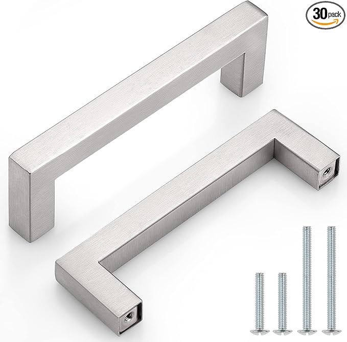 Probrico 30 Pack 4 Inch Satin Nickel Cabinet Pulls Stainless Steel, Door Cabinet Handles,Drawer Dresser Pull Knobs Kitchen Furniture Hardware for Cupboard Wardrobe,Total Lenght:4-1/2 Inch (114mm)