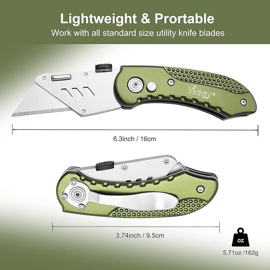 Vickay Folding Utility Knife, Box Cutter with 5 SK5 Quick Change Blades, Safety Axis Lock Design Razor Knife, Lightweight Aluminum Handle Belt Clip for Office Home Artcraft (Olive Green)