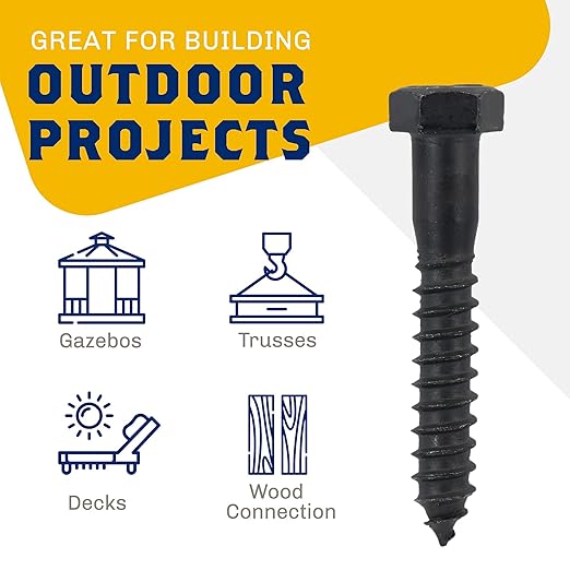 1/2" x 3?? 25-Piece Black Lag Bolts, Rustproof 4-Layer Ceramic BLAKOTE, 2X Protection of Galvanized Lag Screws, for Decks Pergolas by Makers Bolt
