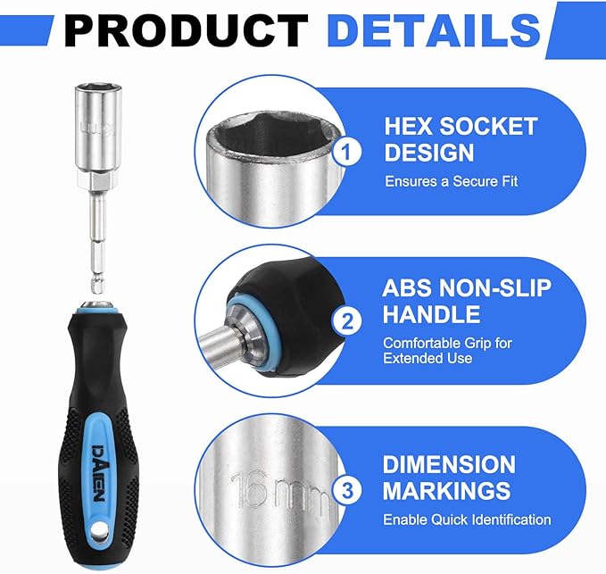 HARFINGTON Metric Nut Driver 16mm CR-V Non-Magnetic Detachable Tip Hollow Shafts Hex Socket Screwdriver with Anti-Slip Handle for Automobile Repair Bit Driver, Blue/Black