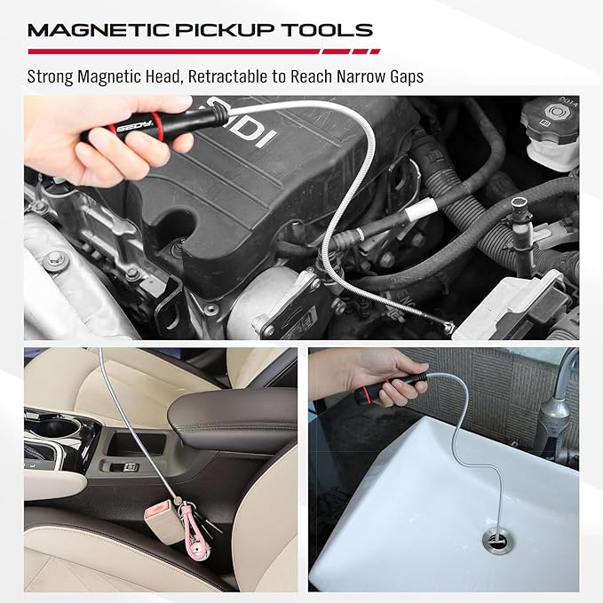 4 Pack Telescoping Magnetic Pickup Tool with 3in 4in 6in Magnetic Parts Trays, Magnet Flexible Spring Stick, Magnet Retrieving Sweeper for Nail, Screws & Metal Debris Workshop Garage