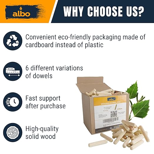ALBO Wooden Dowel Pins 1/2 x 2 inch Fluted Wood Dowels Rods 100 Pack Hardwood Crafts Dowel Pegs