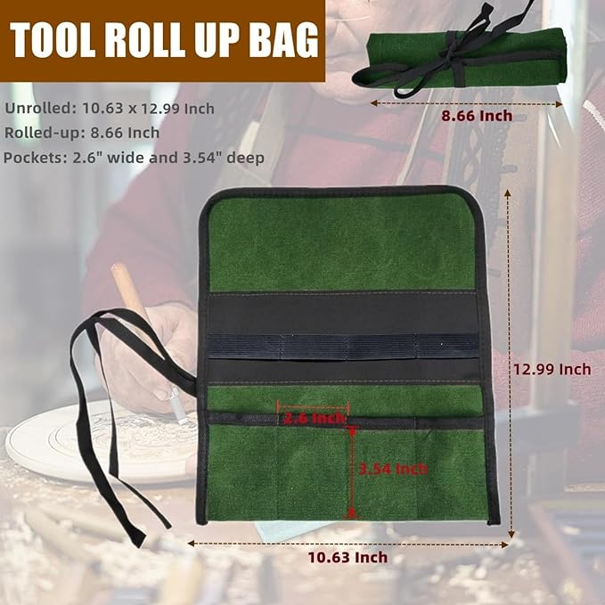 BLIRITEL Small Canvas Tool Roll Up Bag - Chisel Organizer With 4 Pockets for Metal Pry Bar, Plier, Wrench - Pouch for Mechanic, Carpenter, Craftsman