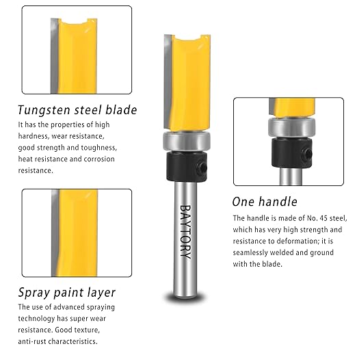BAYTORY Professional Pattern Flush Trim Router Bit Set with 1/4 inch Shank, 4Pcs 1/2" Cutting Diameter Carbide Bits with Top Bearing Prevent Tear-Out, Template Guide Woodworking Milling Cutter Tool