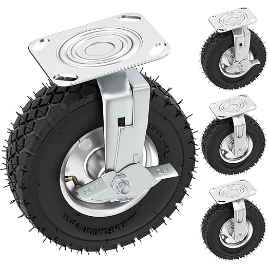 8 inch Casters Wheels, Heavy Duty Casters Set of 4 Load 880lbs with Brake, Locking Swivel Plate Caster, Industrial Castor Wheels for Workbench, Cart, Trolley, Wagon and Shelves