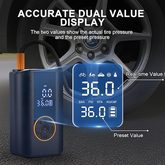 Tire Inflator Portable Air Compressor, 150 PSI Cordless Air Pump for Car Tires with Digital Pressure Gauge, LED Light and Auto Shut Off Function, Bike Pump for Car, Motorcycle, Bicycle, Ball, Black