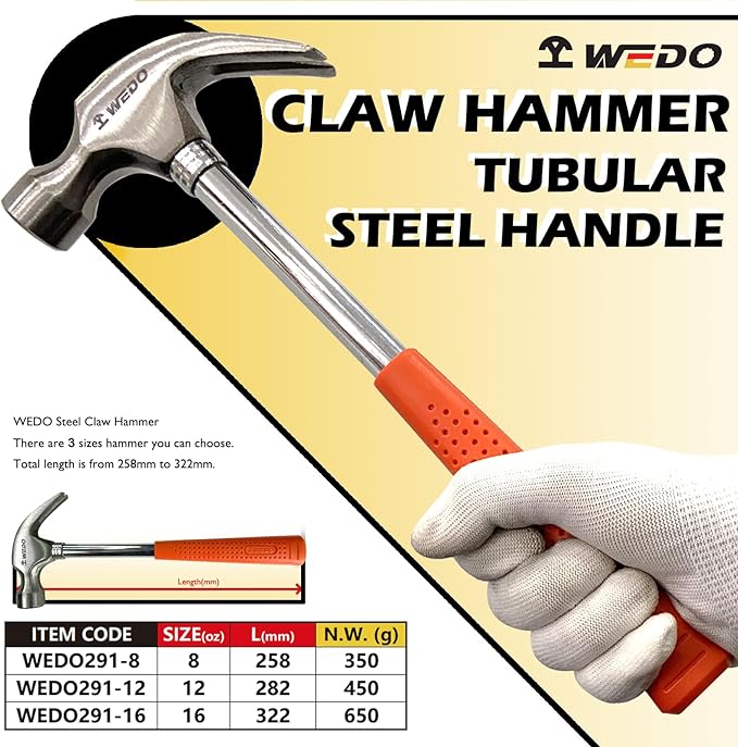 WEDO Claw Hammer with Tubular Steel Handle, Framing Hammer, 8 oz, length 258mm, Hammer and Nails Tool with Tubular Steel Handle, Multifunctional Safety Hammer for Household Maintenance