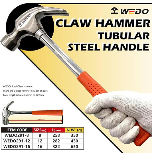 WEDO Claw Hammer with Tubular Steel Handle, Framing Hammer, 8 oz, length 258mm, Hammer and Nails Tool with Tubular Steel Handle, Multifunctional Safety Hammer for Household Maintenance