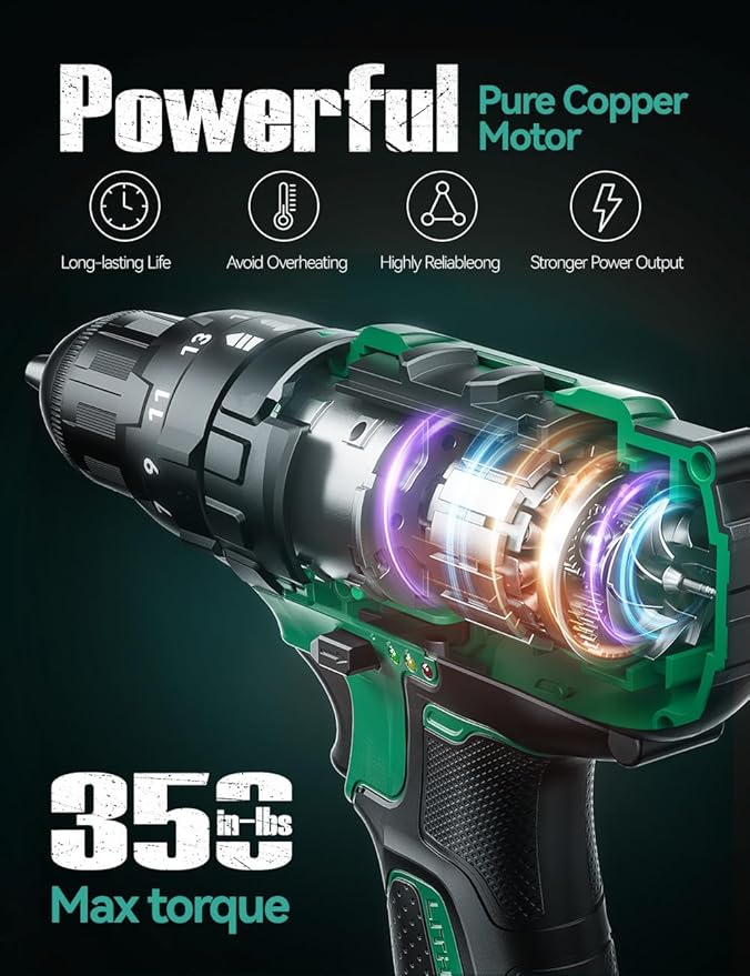 KIMO Cordless Hammer Drill Set with 20V 2.0Ah Battery 2 Packs, 21+3 Position, Max 350 In-lb Torque, 0-1350 RPM, 3/8" Keyless Chuck, 14pcs Accessories, Power Drill for Drilling Wood Bricks Walls Metal