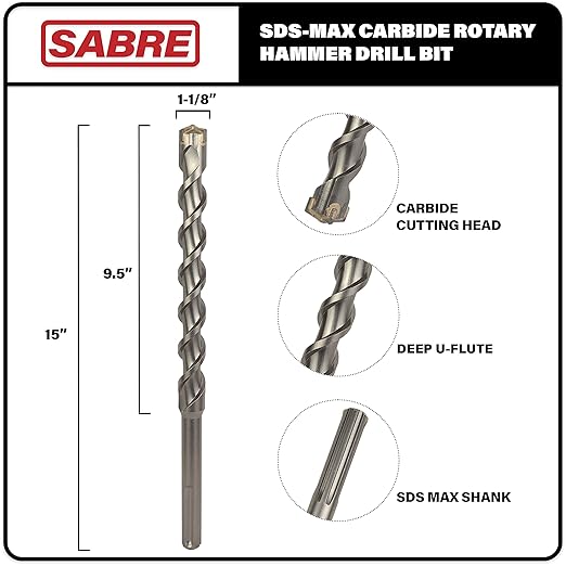 Sabre Tool 1-1/8 Inch x 15 Inch SDS MAX Rotary Hammer Drill Bit, Carbide Tipped for Brick, Stone, and Concrete - SDS MAX ONLY (1-1/8" x 9.5" x 15")