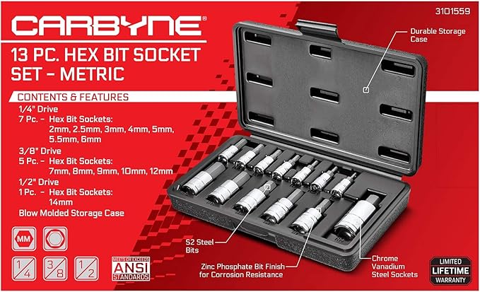 CARBYNE 13-Piece Metric Hex (Allen) Bit Socket Set. Includes 2mm - 14mm. S2 Steel Bits, Cr-V Sockets, Durable Case ??From a Family-Run Tool Company Based in the U.S.A.