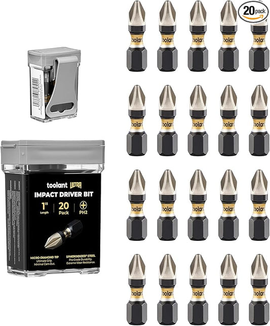 toolant 1 Inch Phillips Bit#2, Magnetic Anti Slip Impact Screwdriver Bits Set, 20pcs Impact Steel X2 PH2 Driver Dit Set with CNC Machined Tips for Impact Driver