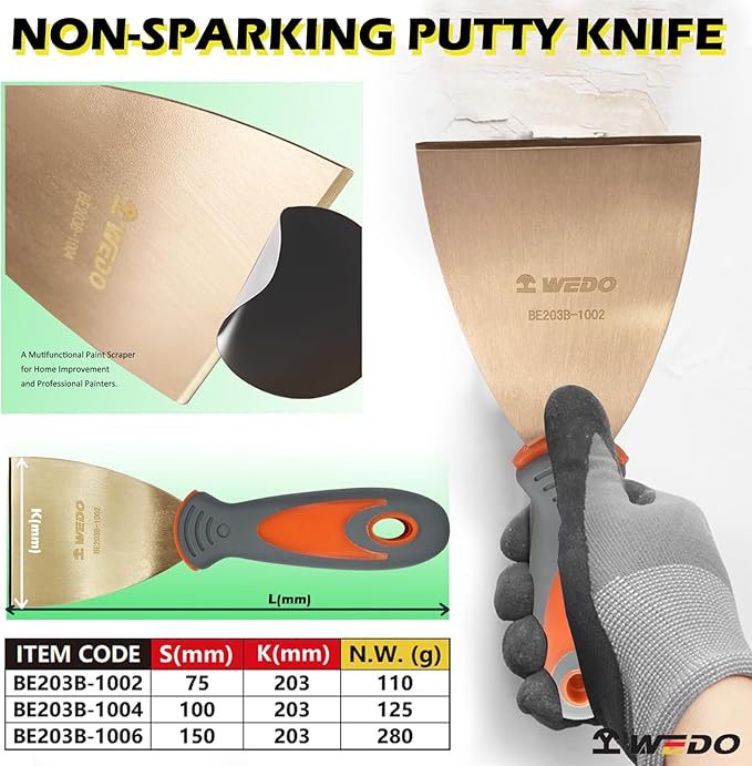 WEDO Non-Sparking Putty Knife with Straight Blade and Comfortable Handle,Spark-free Safety Putty Knife,Durable,Beryllium Copper,Non-Magnetic,DIN Standard,BAM & FM Certificate,75 * 203mm