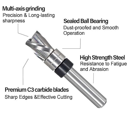 Flush Trim Router Bit 1/4 Shank, Down-Cut Carbide Head 3-Flute, 3/8" Diameter, 1/2" Cutting Length, Pattern Template Spiral Flush Trim Router Bit, for Grooves, Bottom Cleaning, Wood Trimming