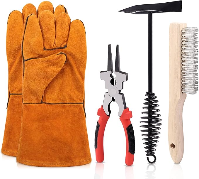 4 Pcs Wire Scratch Brush Slag Removal Tool Set Contains 10 Inch Welding Chipping Hammer, Welding Mufti-Functional Pliers, Wire Brush, Welding Gloves for Cleaning Removing Slag
