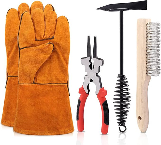 4 Pcs Wire Scratch Brush Slag Removal Tool Set Contains 10 Inch Welding Chipping Hammer, Welding Mufti-Functional Pliers, Wire Brush, Welding Gloves for Cleaning Removing Slag